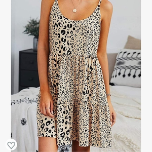 Womens Leopard Print Mini Dress Spaghetti Strap Tiered‎ Sundress Bow Back